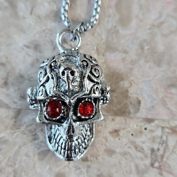 Jewelry - Silver Skull Pendant with Red Accents, New
